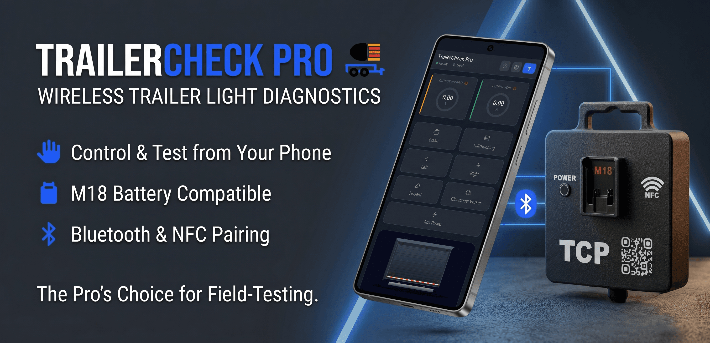 TrailerCheck Pro — wireless trailer light diagnostics with phone control, M18 battery power, and Bluetooth/NFC pairing