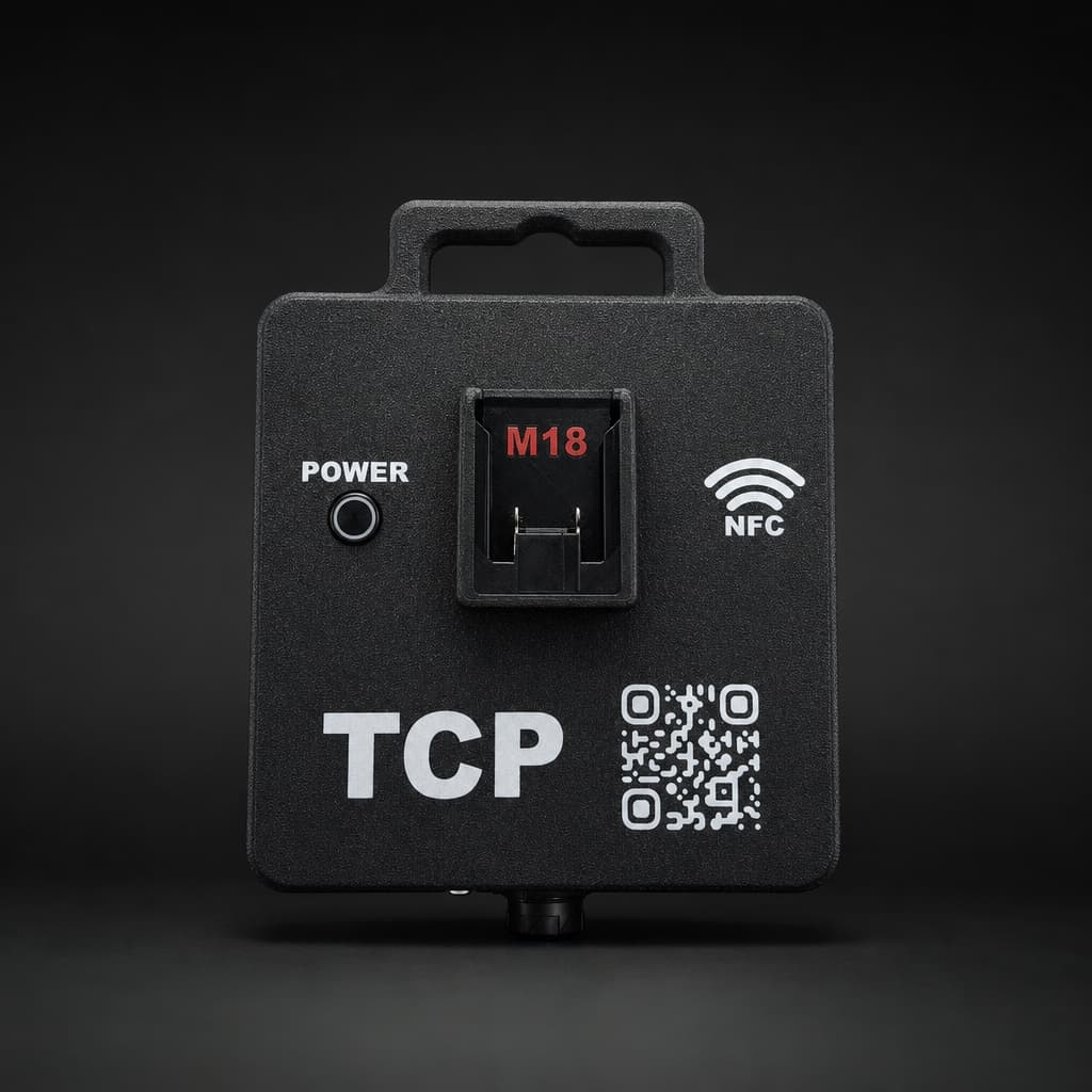 Trailer Check Pro diagnostic case — rugged IP67 waterproof device with M18 battery support, NFC pairing, and BLE 5.0 connectivity